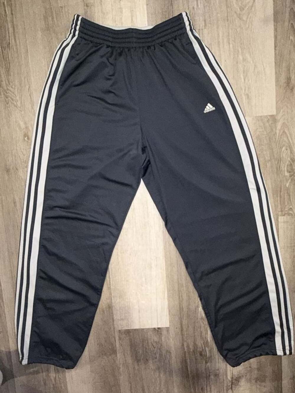 Adidas Track Pants Size L Black White 3 Stripes Nylon Lined